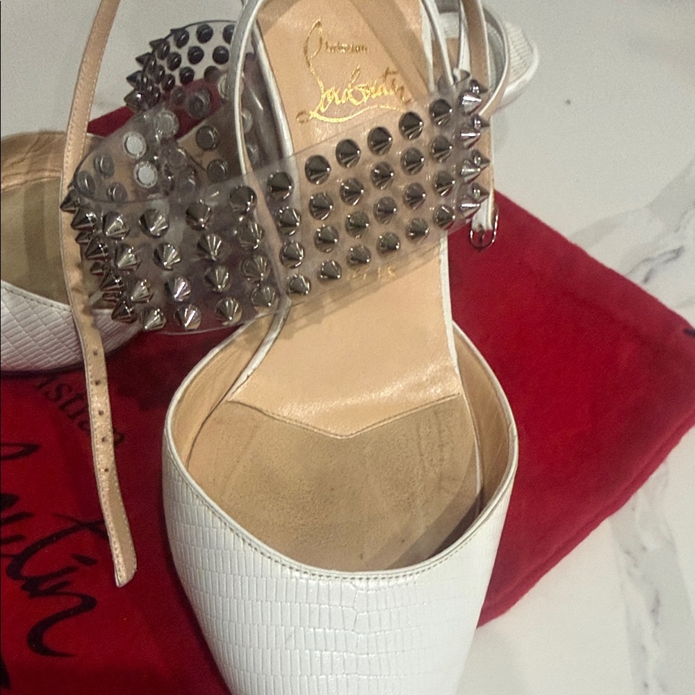 Christian Louboutin White and Silver Studded Heels - Picture 9 of 9